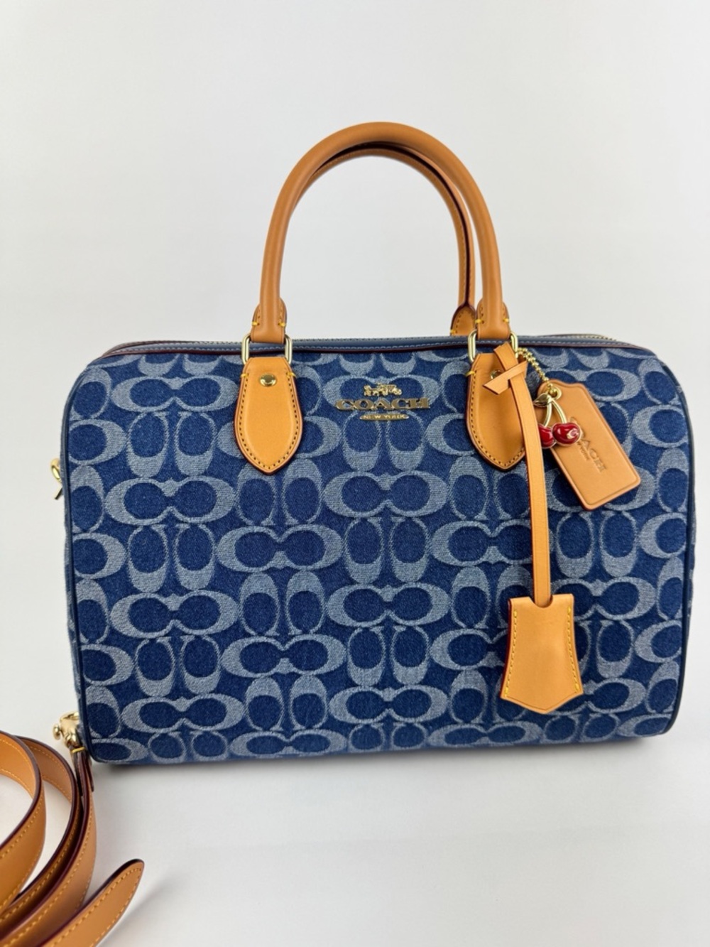Coach Large Rowan Denim Signature Satchel Leather Trim Crossbody Strap - Picture 2 of 12